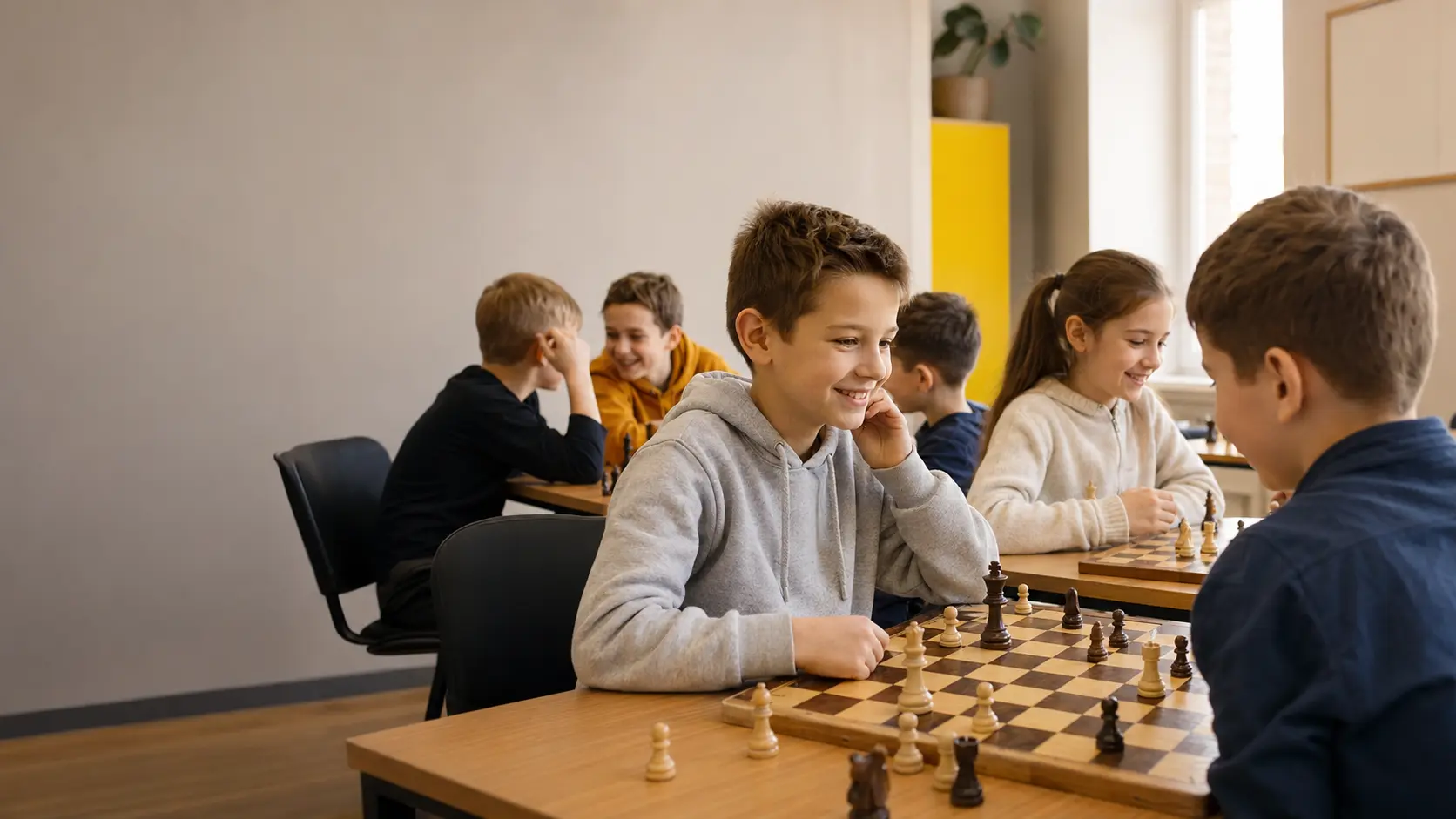 Дети играют в шахматы на занятии