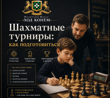 Ребёнок готовится к шахматному турниру с тренером, шахматной доской и часами