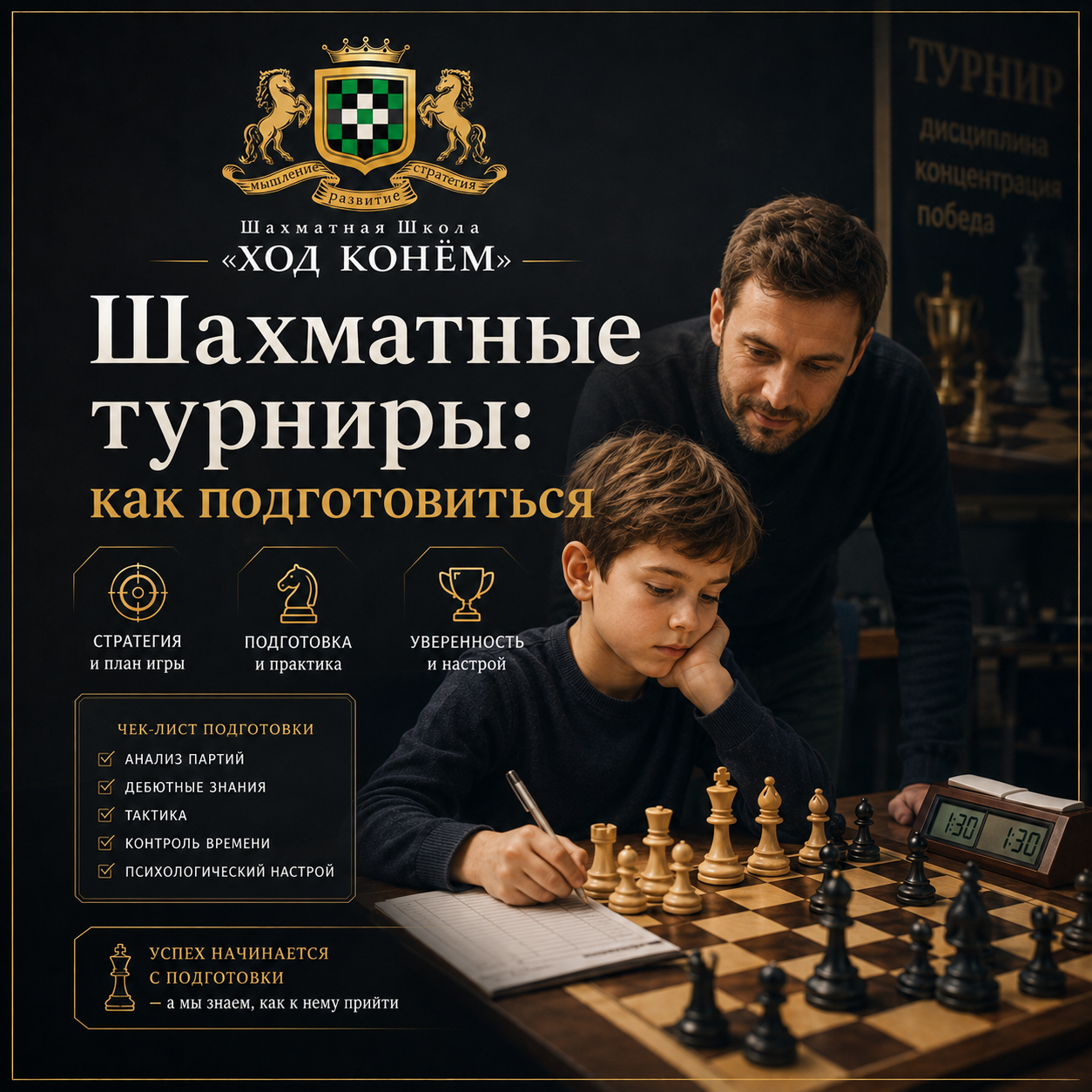 Ребёнок готовится к шахматному турниру с тренером, шахматной доской и часами