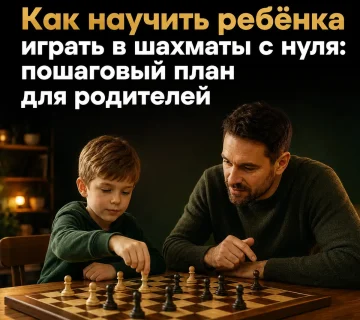 Отец учит ребёнка играть пешками на шахматной доске
