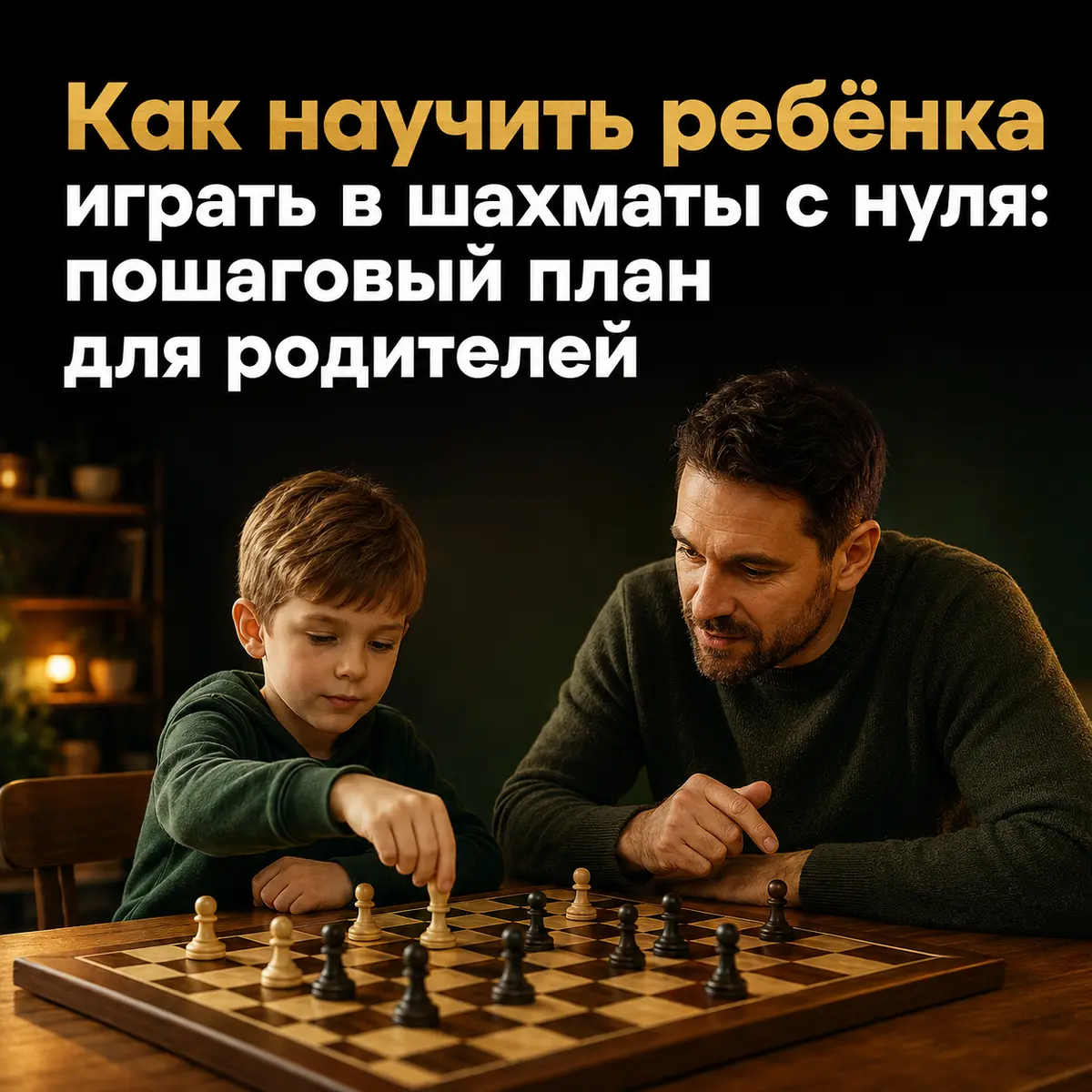 Отец учит ребёнка играть пешками на шахматной доске