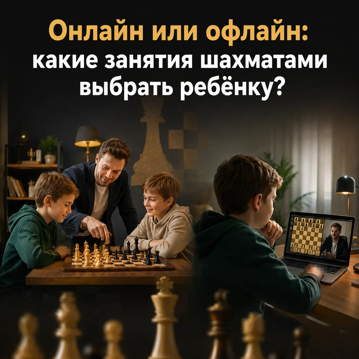 Ребёнок выбирает между очными и онлайн-занятиями шахматами